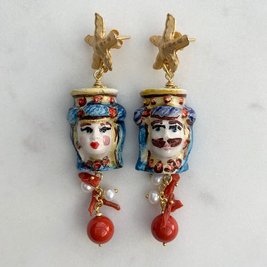 Ohrringe SICILY LOVE handbemalte Keramikköpfe mit Edelsteinen - 80 mm Länge